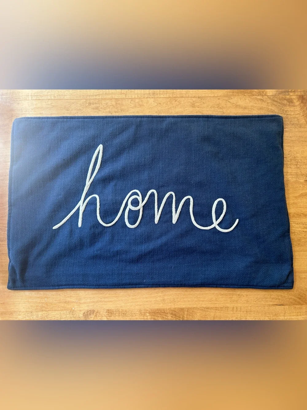 Pottery Barn Navy Blue w/White “Home” Script Lumbar Pillow Cover w/Zipper Cover.